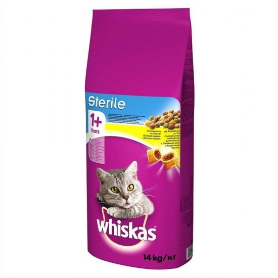 Hrana Uscata cu Pui pentru Pisici WHISKAS Sterile, 14 Kg, Granule pentru Pisici Sterilizate, Bobite pentru Pisici Sterilizate, Hrana Pisici, Whiskas Hrana Uscata pentru Pisici Adulte Sterilizate, Whiskas Crochete pentru Pisici Castrate