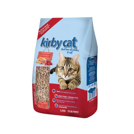 Hrana pentru Pisici Kirby Cat cu Pasare si Vita, 1.5kg, Hrana Pisici Kirby Cat, Hrana Pisici Adulte, Hrana pentru Pisici Adulte, Mancare pentru Pisici, Granule pentru Pisici, Bobite pentru Pisici