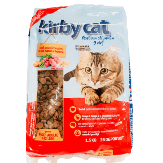 Hrana pentru Pisici Kirby Cat cu Curcan si Legume, 1.5kg, Hrana Pisici Kirby Cat, Hrana Pisici Adulte, Hrana pentru Pisici Adulte, Mancare pentru Pisici, Granule pentru Pisici, Bobite pentru Pisici