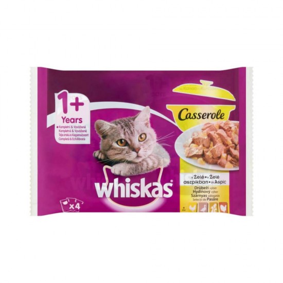 Set Patru Plicuri Hrana Umeda pentru Pisici WHISKAS Casserole, Selectii Carne de Pasare, 85 g, Hrana Umeda Pisici, Hrana de Pasare pentru Pisici, Hrana Umeda cu Carne de Pasare, Hrana pentru Pisici Whiskas, Plic Macare Umeda pentru Feline