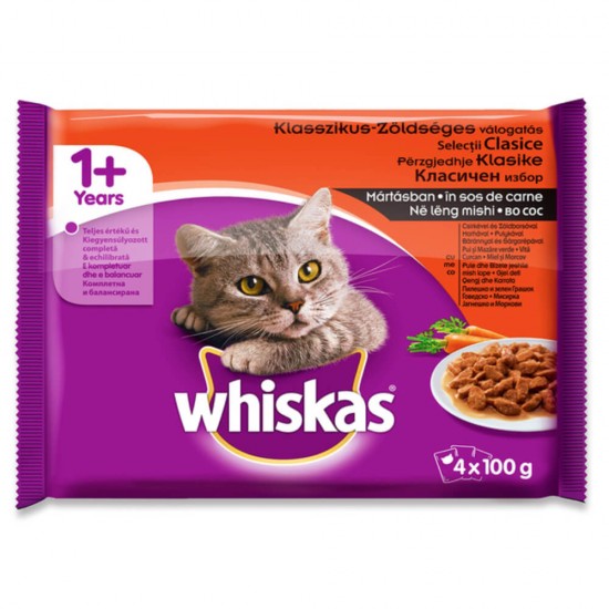 Set Patru Plicuri Hrana Umeda pentru Pisici WHISKAS Casserole, Selectii Clasice, 85 g, Hrana Pisici, Hrana Umeda Pisici, Hrana pentru Pisici, Hrana Umeda cu Carne, Hrana pentru Pisici Whiskas, Plic Hrana pentru Pisici, Plic Macare Umeda pentru Feline