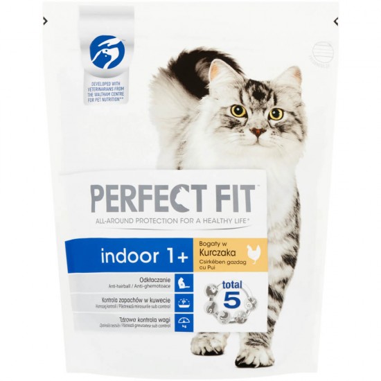 Hrana Uscata pentru Pisici PERFECT FIT Adult Indoor, Pui, 750g, Hrana pentru Pisici cu Pui, Hrana cu Pui pentru Pisici, Mancare Uscata pentru Pisici, Mancare cu Pui pentru Feline, Mancare Uscata cu Pui pentru Pisici, Sac Hrana Uscata Pisici