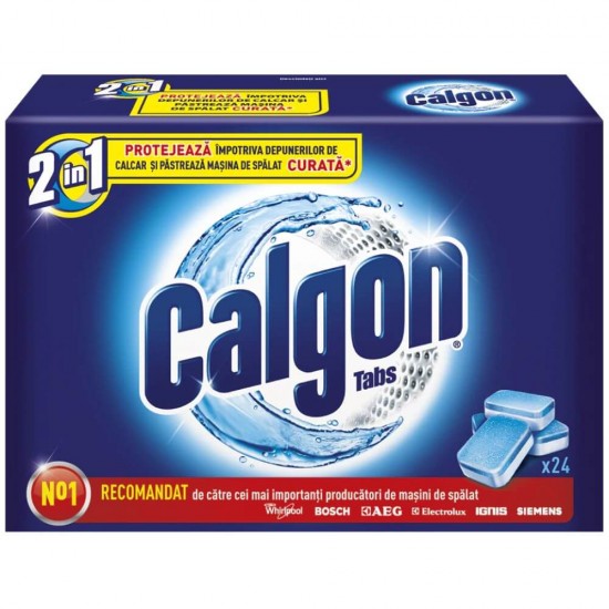 Tablete Anticalcar CALGON 2in1 Protect & Clean, 24 Bucati, Tablete CALGON pentru Masina de Spalat, Tablete Impotriva Depunerilor de Calcar, Detergent Solid Anticalcar, Tablete Anticalcar
