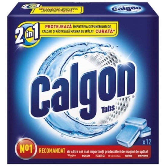 Tablete Anticalcar CALGON 2in1 Protect & Clean, 12 Bucati, Tablete CALGON pentru Masina de Spalat, Tablete Impotriva Depunerilor de Calcar, Detergent Solid Anticalcar, Tablete Anticalcar