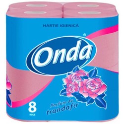 Hartie Igienica ONDA in 2 Straturi, 8 Role/Bax, 135 Foi/Rola, Latime 9 cm, Culoare Roz, Parfum de Trandafir, Hartie Igienica Parfumata, Hartie Igienica Roz, Hartie Igienica Simpla la Bax