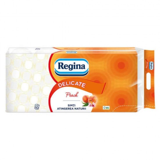 Hartie Igienica Regina Deluxe Peach, 3 Straturi, 10 Role/Bax, 135 Foi/Rola, Latime 96 cm, Hartie cu Parfum Piersica, Hartie Igienica Parfumata, Hartie Igienica la Bax, Hartie Igienica Regina, Hartie Igienica cu Parfum de Piersica