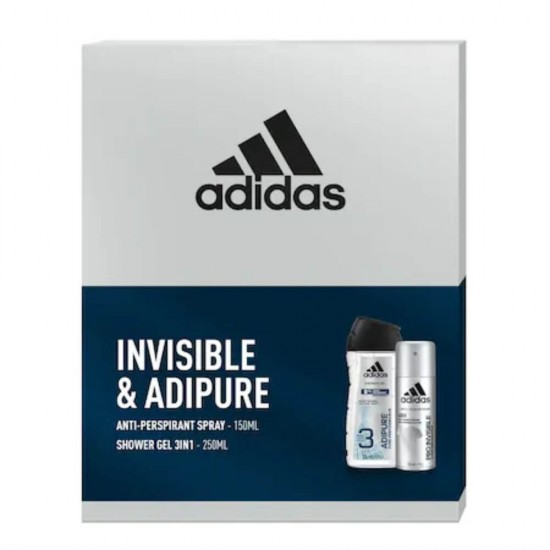 Set 2 Cosmetice Barbati Adidas Invisible & AdiPure, Antiperspirant Spray Pro Invisible 150 ml, Gel de Dus AdiPure 3 in 1 250 ml, Set Ingrijire Corporala Barbati, Set Igiena Corporala Barbati, Set Adidas For Men, Set Adidas Invisible & AdiPure