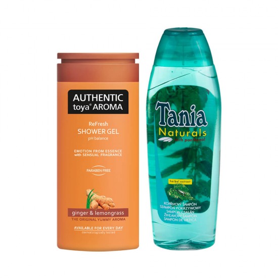 Pachet Gel Dus TOYA Lemongrass/Ginger, 400 ml si Sampon Mesteacan TANIA, 500 ml, Pachet cu Gel de Dus si Sampon, Pachet Cosmetice Gel de Dus si Sampon, Pachet Ingrijire Corp cu Gel Dus si Sampon, Sampon si Gel de Dus