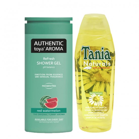 Pachet Gel Dus TOYA Pepene Rosu, 400 ml si Sampon Musetel TANIA, 500 ml, Pachet cu Gel de Dus si Sampon, Pachet Cosmetice Gel de Dus si Sampon, Pachet Ingrijire Corp cu Gel Dus si Sampon, Sampon si Gel de Dus