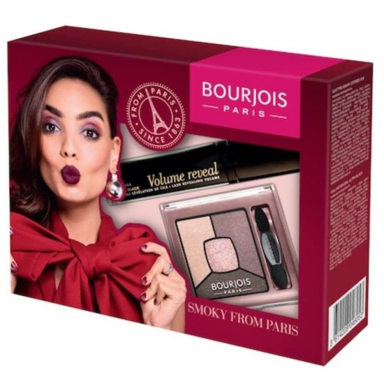 Set Bourjois Smoky From Paris, Mascara Volume Reveal Ultra Black 7.5 ml si Paleta de Farduri pentru Pleoape Smoky Stories 3.2 g, Seturi Cadou pentru Femei, Set Cadou Cosmetice pentru Femei, Set Make-Up, Seturi Farduri Cadou, Set Cadou Farduri, Kit Make-Up