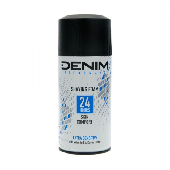 Spuma de Ras pentru Barbati DENIM Performance Extra Sensitive, Confort 24 Ore, Cu Vitamina E si Unt de Cacao, 300 ml, Spuma de Ras cu Vitamina E, Spuma pentru Barbierit, Spuma pentru Ras cu Unt de Cacao, Spuma de Ras Denim, Spuma de Ras Piele Sensibila