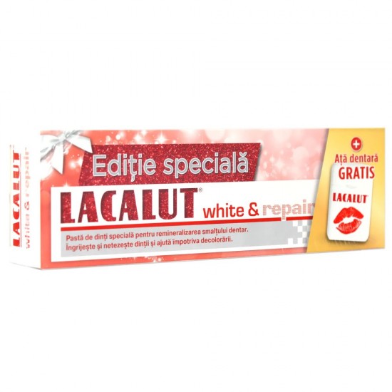 Pachet Pasta Dinti Lacalut White and Repair 75 ml si Ata Dentara, Aroma de Menta, Pasta de Dinti cu Menta, Articole Igiena Dentara, Pasta de Dinti pentru Albire, Produse pentru Sanatate Orala, Igiena Orala, Ingrijire si Igiena Orala, Ata Dentara