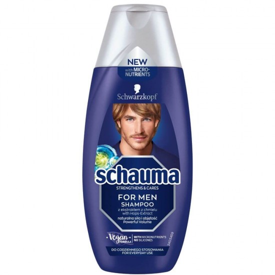Sampon SCHAUMA Men Strengthens & Cares, 250 ml, Formula cu Micronutrienti Pentru Par Fara Volum, Sampon Vegan, Sampon Par Barbati, Sampon Shauma Barbati, Sampon Men, Sampon Spalare Par, Sampon Fortifiere