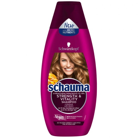 Sampon Schauma pentru Par Lipsit de Putere, 400 ml, Strength and Vitality, Sampon Par Subtire, Sampon Par Fin, Sampon Par Lipsit de Putere, Sampon cu Biotina, Sampon Vegan, Sampon Schauma Par Subtire, Sampon Impotriva Parului Subtire