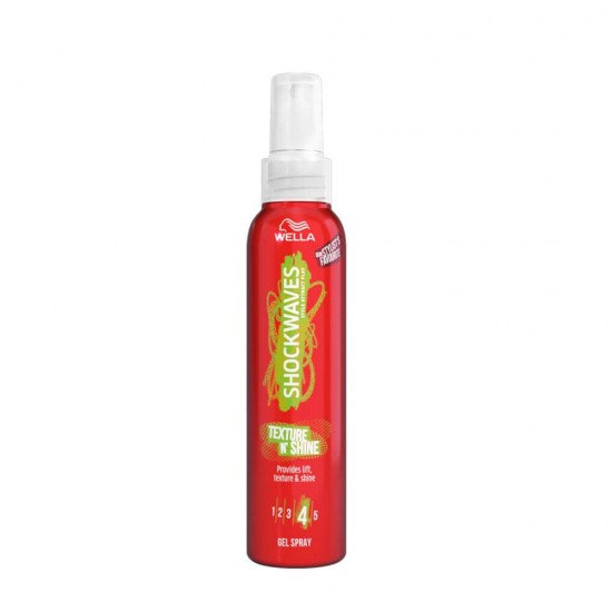 Gel Spray Fixativ Wella Shockwaves Texture N'Shine, 150 ml, Fixare Puternica, Gel Spray pentru Fixare Puternica, Gel Spray Fixativ cu Fixare Puternica, Gel de Par sub Forma de Spray, Fixativ Gel Wella Shockwaves, Fixativ Par, Fixativ Puternic pentru Par