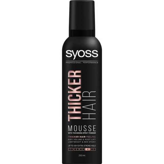 Spuma Syoss Thicker Hair, Efect de Indesire, 250 ml, Nivel de Fixare 4, Spuma Par, Spuma pentru Par, Spuma Fixativa, Spuma Fixare Par, Spuma Puternica, Spuma Efect de Indesire, Spuma Nivel 4, Mousse pentru Par, Spuma Syoss