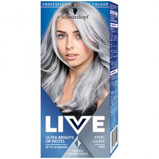 Vopsea Par Semipermanenta LIVE Ultra Brights or Pastel, 098 Steel Silver, 80 ml, Vopsea de Par 2 in 1 Culori Intense sau Pastel, Vopsea de Par Semipermanenta Argintie, Vopsele de Par Argintii, Vopsea Par Argintiu Pastel, Vopsea Semipermanenta Silver