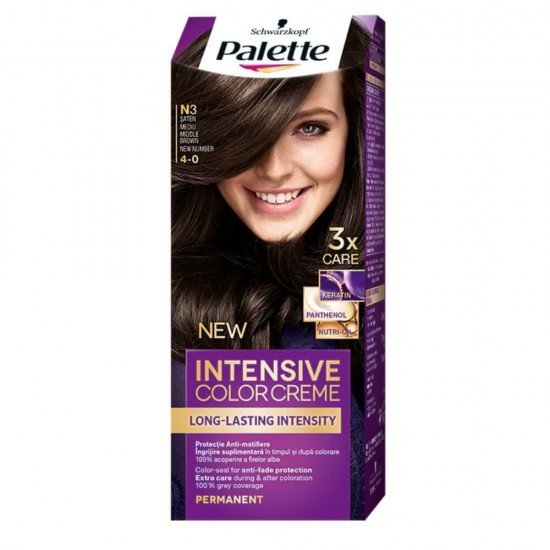 Vopsea de Par Permanenta PALETTE Intensive Color Cream N3, 110 ml, Saten Mediu, Vopsea de Par PALETTE, Vopsea de Par Saten, Vopsea Nuanta Saten Mediu, Produse de Ingrijire a Parului, Vopsea Saten Colorare Par