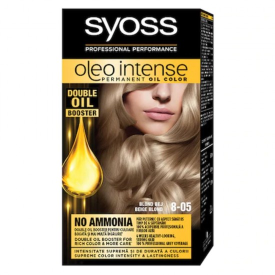 Vopsea de Par Permanenta, Fara Amoniac, SYOSS Oleo Intense, 8-05 Nuanta Blond bej, 115 ml, Vopsea Permanenta, Vopsea Fara Amoniac, Vopsea SYOSS, Vopsea de Par Profesionala