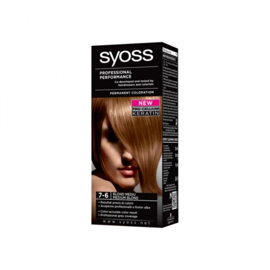 Vopsea de Par Permanenta SYOSS Color Baseline, 7-6 Nuanta Blond Mediu, 115 ml, Vopsea Permanenta, Vopsea SYOSS, Vopsea de Par Profesionala