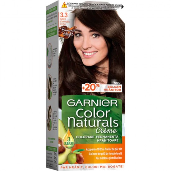 Vopsea Permanenta de Par 3.3 Saten Ciocolatiu Inchis, Garnier Color Naturals, 110 ml, Vopsea de Par, Vopsea Par Permanenta, Vopsea Permanenta Satena, Vopsea Permanenta pentru Par, Vopsea Garnier, Vopsea Satena Garnier, Vopsea Permanenta Garnier