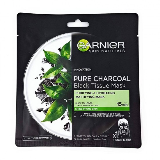 Masca Servetel Garnier Skin Naturals Pure Charcoal Matifianta, 28 g, Masca Servetel Matifianta, Masca Servetel Purificare Ten, Masca Hidratare Ten, Masca Servetel cu Ceai Negru, Masca Servetel cu Carbune Activ, Masca de Fata Servetel