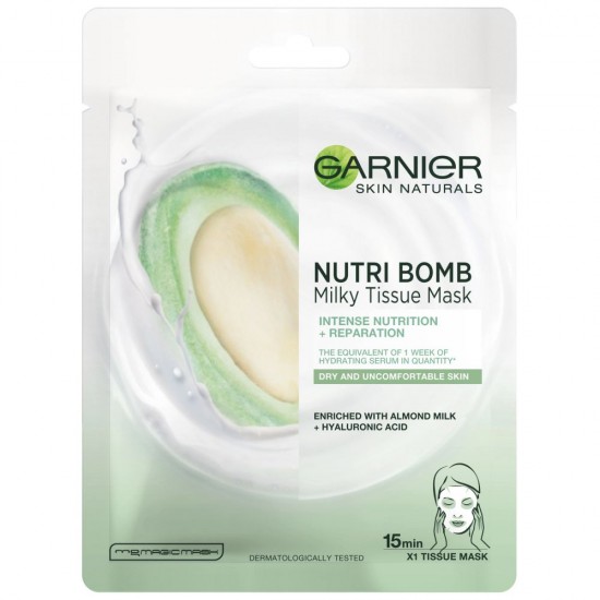 Masca Servetel Garnier Skin Naturals Nutri Bomb, cu Lapte de Migdale si Acid Hialuronic, Masca de Fata, Masca pentru Fata, Masca Hidratare Fata