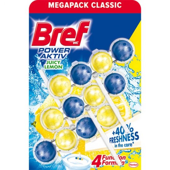 Odorizant de Toaleta Solid Bref Power Aktiv, 3 Buc/Set, Parfum de Lamaie, 3 x 50 g, Odorizant Toaleta, Odorizant WC, Bloc Odorizant Toaleta, Odorizant Anticalcar pentru WC, Odorizant pentru Toaleta cu Suport, Bile Odorizante WC