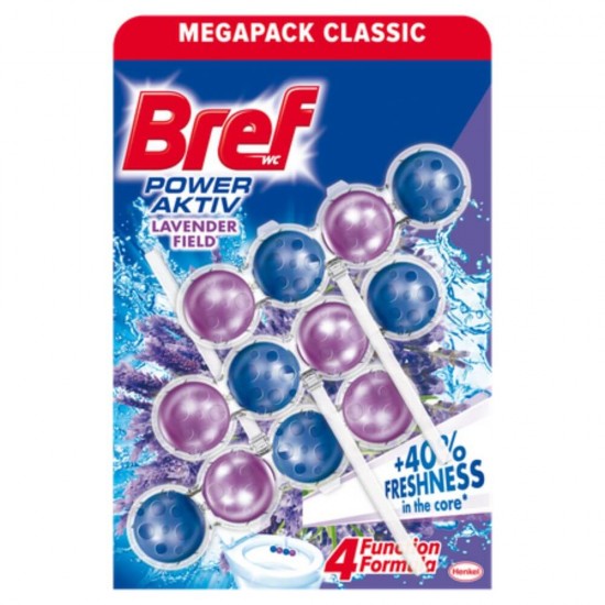 Odorizant WC Bref Power Aktiv Lavender, 3 Buc/Set, Cantitate 50 g, Parfum Lavanda, Odorizant Toaleta, Odorizant Anticalcar pentru WC, Odorizant pentru Toaleta cu Suport, Bile Odorizante WC, Odorizant Dezinfectant pentru WC