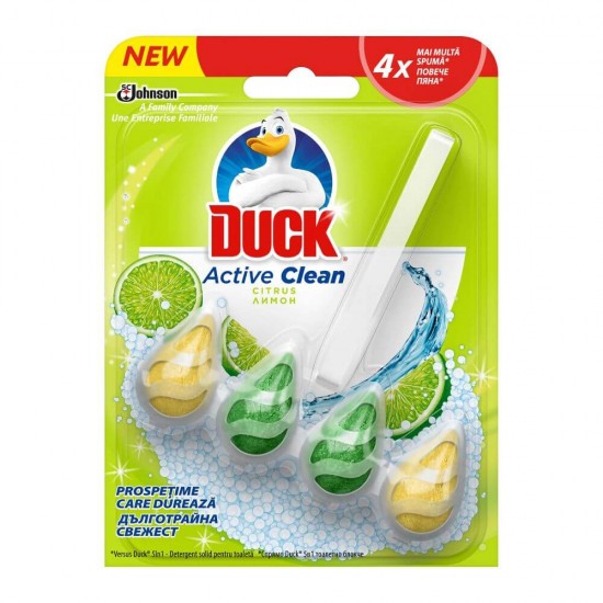 Odorizant WC DUCK Active Clean Citrus, Parfum de Citrice, Odorizant Toaleta DUCK, DUCK Odorizant Anticalcar pentru WC, Odorizant pentru Toaleta cu Suport, Bile Odorizante WC, Odorizant Dezinfectant pentru WC