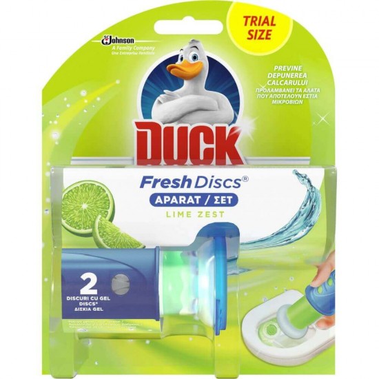 Odorizant WC DUCK Lime 2 Discuri, 11.5 ml, Odorizante Toaleta DUCK, Odorizante WC Gel Duck, Discuri de Gel Odorizante pentru WC DUCK,  Odorizant Toaleta, Odorizant Anticalcar pentru WC, Odorizant pentru Toaleta cu Suport, Odorizant Dezinfectant pentru WC