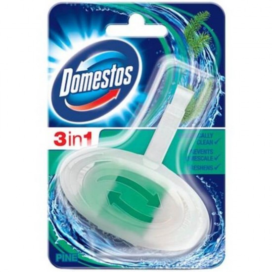 Odorizant WC Domestos Pine 3 in 1, Cantitate 40 g, Parfum de Pin, Odorizant Toaleta, Odorizant Solid pentru Toaleta cu Suport, Odorizante Domestos pentru WC, Odorizant Dezinfectant pentru WC