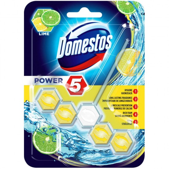 Odorizant pentru Toaleta Domestos Lime 5 in 1, 55 g, Odorizant Toaleta, Odorizant cu Sistem de Prindere Ajustabil, Odorizant Toaleta Domestos, Odorizant WC Domestos, Domestos Odorizant Wc Bile