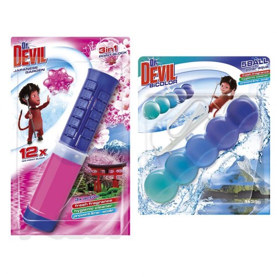 Pachet Odorizant WC DR. DEVIL 5 Ball, Bicolor Polar Aqua, 35 g, si DR. Devil Point Block Japanese Garden, 75 ml, Odorizant Toaleta, Odorizant Anticalcar pentru WC, Odorizant pentru Toaleta cu Suport, Odorizant Dezinfectant pentru WC