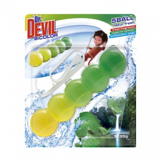 Odorizant WC DR. DEVIL 5 Ball, Bicolor Natur Fresh, 35 g, Bile Odorizante Toaleta, Odorizant Toaleta, Odorizant Anticalcar pentru WC, Odorizant pentru Toaleta cu Suport, Bile Odorizante WC, Odorizant Dezinfectant pentru WC