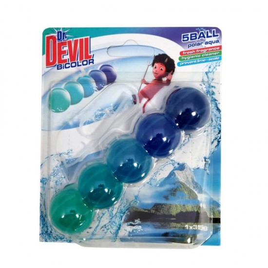 Odorizant WC DR. DEVIL 5 Ball, Bicolor Polar Aqua, 35 g, Bile Odorizante Toaleta, Odorizant Toaleta, Odorizant Anticalcar pentru WC, Odorizant pentru Toaleta cu Suport, Bile Odorizante WC, Odorizant Dezinfectant pentru WC