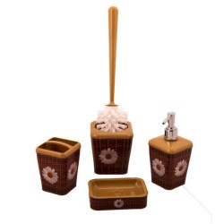 Set Baie cu 4 Piese, Polipropilena, Imitatie Rattan, Culoare Maro, Set Perie WC, Sapuniera, Recipient Sapun Lichid, Set pentru Baie, Seturi pentru Baie, Set Accesorii pentru Baie,  Set de Recipiente pentru Baie, Recipiente pentru Cosmetice