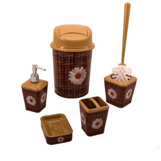 Set Baie cu 5 Piese, Polipropilena, Imitatie Rattan, Model Floral, Culoare Maro, Set Perie Wc, Cos Gunoi Baie, Sapuniera, Recipient Sapun Lichid, Set pentru Baie, Set Accesorii pentru Baie, Set de Recipiente pentru Baie