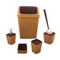 Set Baie cu 5 Piese, Polipropilena, Imitatie Rattan, Culoare Maro, Set Perie WC, Cos Gunoi Baie, Sapuniera, Recipient Sapun Lichid, Seturi pentru Baie, Set Accesorii pentru Baie, Set de Recipiente pentru Baie, Recipiente pentru Cosmetice