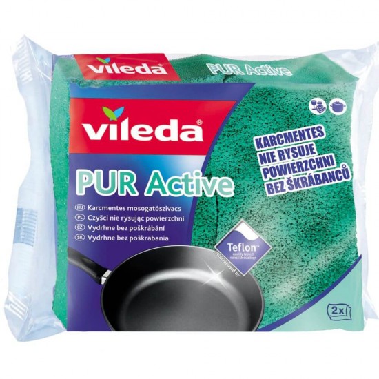 Set 2 Bureti Vileda Pur Active pentru Teflon, Burete de Vase pentru Teflon, Set Bureti de Vase pentru Vase de Teflon, 2 Bureti de Vase Speciali pentru Teflon, Burete pentru Vesela de Teflon, Burete Curatat Vase de Teflon, Burete Spalat Vase Teflon