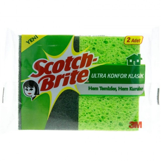 Bureti SCOTCH BRITE Triplu Confort Clasic de Bucatarie, 2 Buc/Set, Spuma Poliuretanica si Fibra Abraziva, Burete din Spuma Poliuretanica, Burete Fibra Abraziva, Burete Vase Ergonomic, Burete Vase, Bureti Vase, Burete Curatenie, Bureti Curatenie