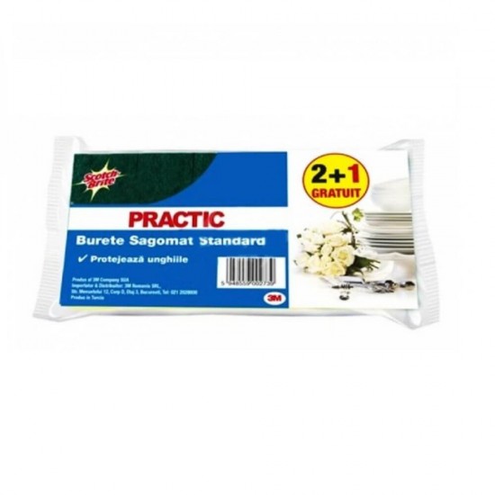 Bureti Sagomat Standard Practic SCOTCH BRITE, 3 Buc/Set, 9x7x4.5 cm, Spuma Poliuretanica si Fibra Abraziva, Culoare Galbena, Burete Bucatarie, Burete Menaj, Bureti Casa, Burete Bucatarie, Bureti de Vase, Bureti Scotch-Brite, Burete Scotch-Brite