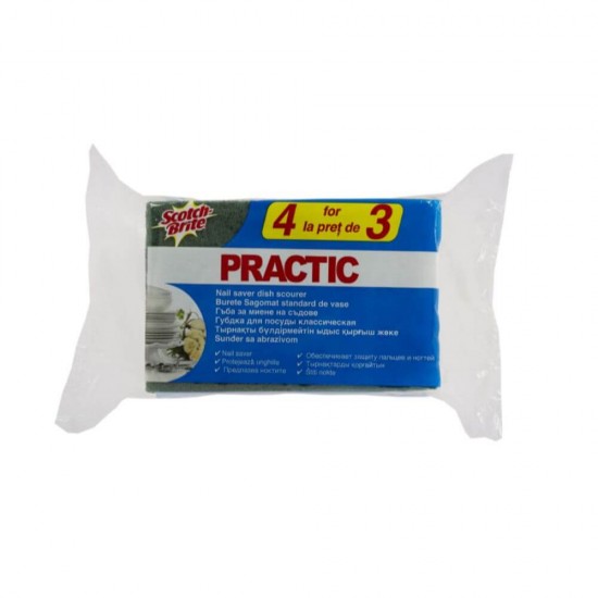 Bureti Sagomat Standard Practic SCOTCH BRITE, 4 Buc/Set, 9x7x4.5 cm, Spuma Poliuretanica si Fibra Abraziva, Culoare Galbena, Burete Vase, Burete Bucatarie, Bureti Curatare, Burete Menaj, Bureti Casa, Bureti Scotch-Brite, Bureti de Vase