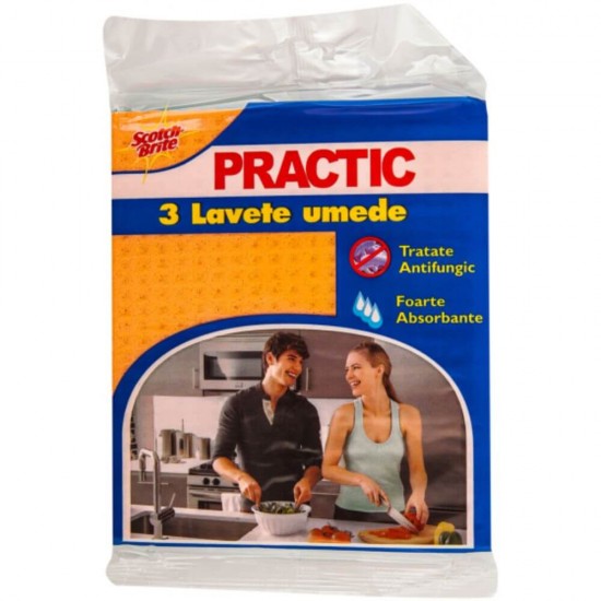 Lavete Umede SCOTCH BRITE Practic, 3 Buc/Set, Diverse Culori, 18x19.4 cm, Lavete pentru Curatenie, Lavete Menaj, Lavete pentru Bucatarie, Lavete Vase, Laveta Umeda Universala,  Lavete Umede, Lavete Umede Scotch-Brite, Laveta Umeda Scotch-Brite