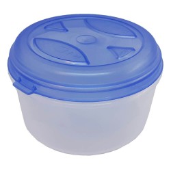 Cutie Alimente Mica Rotunda, 0.3 L, Recipient Incolor, Capac Albastru, Caserola Mica din Plastic, Caserola Alimentara Rotunda, Recipient din Plastic pentru Condimente, Cutie Depozitare Condimente, Cutie Alimentara Rotunda