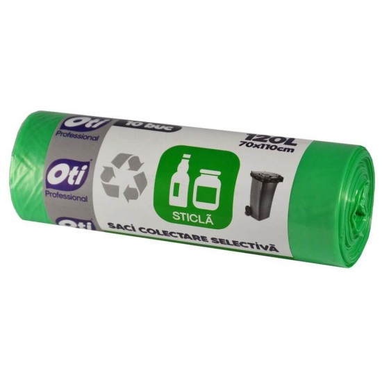 Saci Menajeri OTI Colectare Selectiva,120L, 70x110 cm, 10 Buc/Rola, Sticla, Culoare Verde, Saci Menaj, Saci de Gunoi, Saci Menajeri 120L, Saci de Gunoi Plastic si Metal, Saci Colectare Selectiva