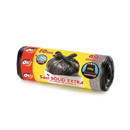 Saci Menaj OTI Solid Extra, 60L, 60x86 cm,10 Buc/Rola, Culoare Neagra, Saci Menaj, Saci de Gunoi, Saci Menajeri 60L, Saci de Gunoi Negri, Saci Menajeri Negri, Saci Menajeri cu Urechi de Prindere