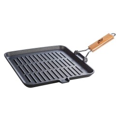 Tigaie Grill OTI din Fonta Pura cu Inductie, 26x26 cm, Maner Rabatabil, Culoare Neagra, Tigai Inductie Tigaie pentru Aragaz, Tigaie pentru Plita, Tigaie Gatire Mancare, Tigai din Fonta, Tigai pentru Mancare, Tigai Negre Fonta