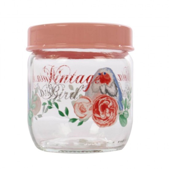 Borcan Vintage Bird, 400 ml, 8.5x10 cm, Model Floral/Pasari, Sticla cu Capac Roz, Borcane cu Capac 400 ml, Borcane 400 ml, Recipiente Sticla pentru Condimente, Borcane Bucatarie pentru Condimente, Borcane Sticla pentru Depozitare Alimente