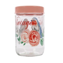 Borcan Vintage Bird, 720 ml, 8.5x14 cm, Model Floral/Pasari, Sticla cu Capac Roz, Borcane cu Capac 720 ml, Borcane 720 ml, Recipiente Sticla pentru Condimente, Borcane Bucatarie pentru Condimente, Borcane Sticla pentru Depozitare Alimente